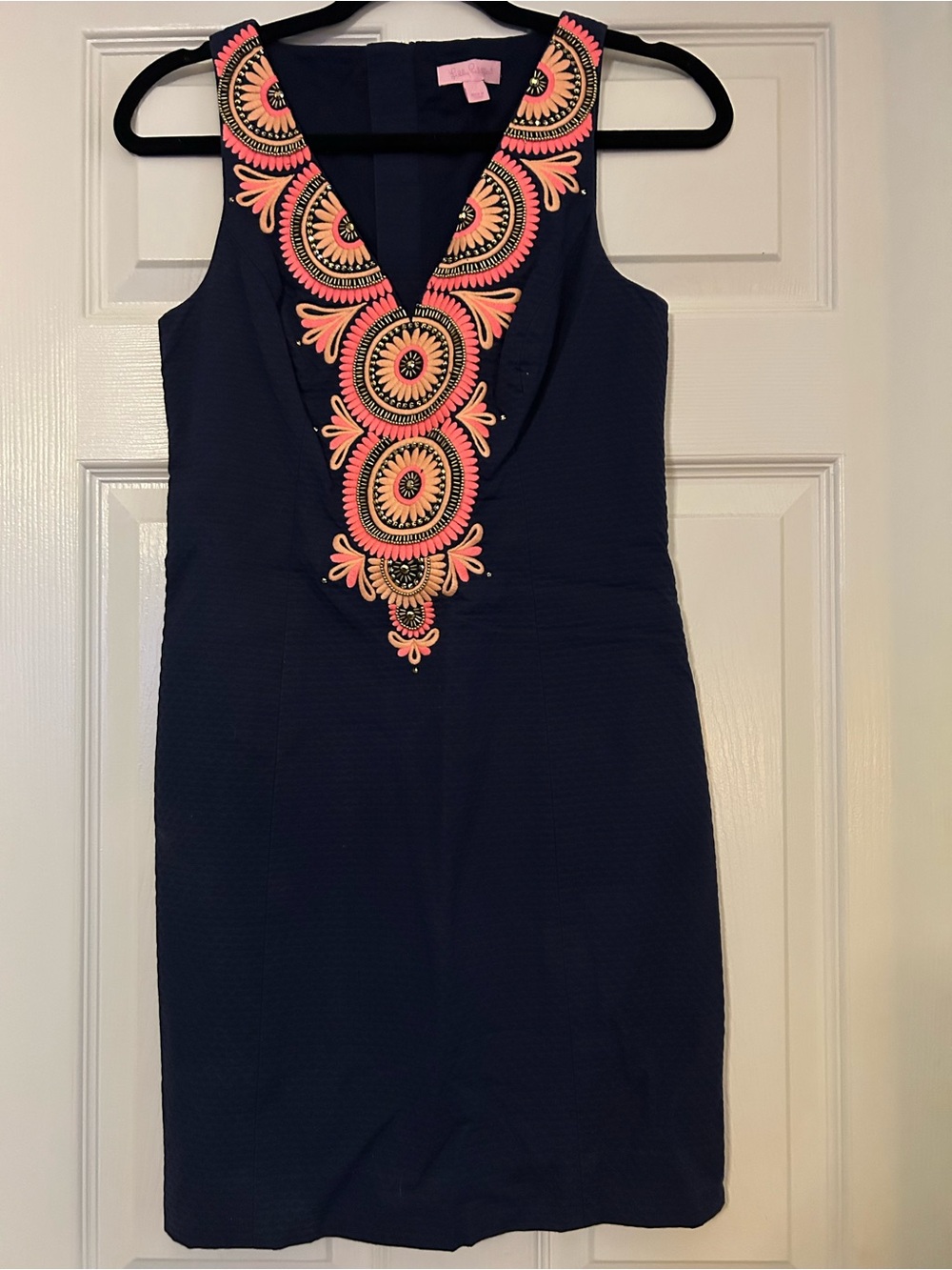 Lilly Pulitzer Navy Mini Dress with Coral and Yellow Embroidery